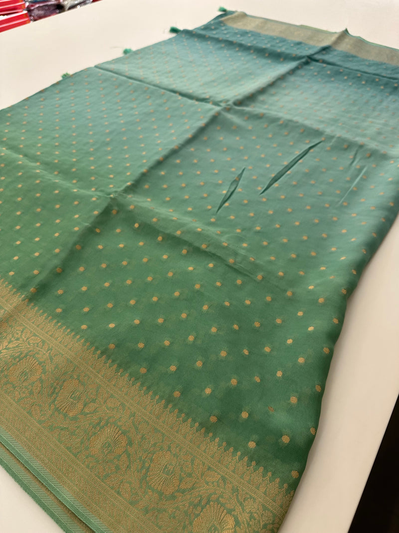 Light Blue with Pista Green Shade Georgette Designer Saree with Small Gold Butta JU24