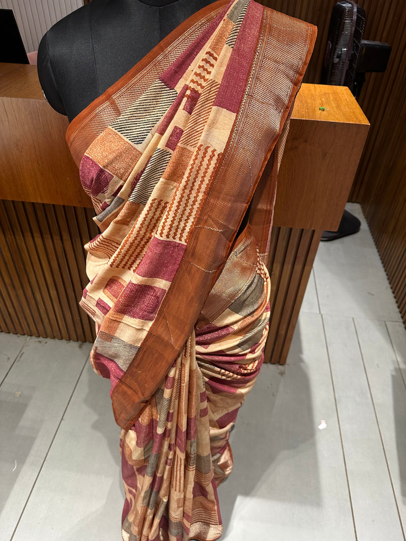 Abstract Square Box Print Chander Mul Saree - Beige Maroon JU25