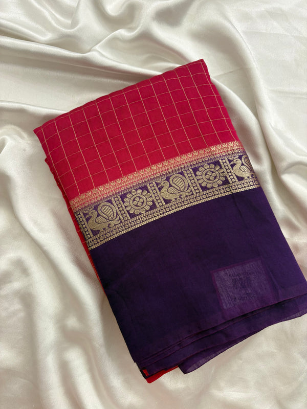 Pink x Purple Chex Pattern Assam Silk Saree with Purple Chex Blouse SALE