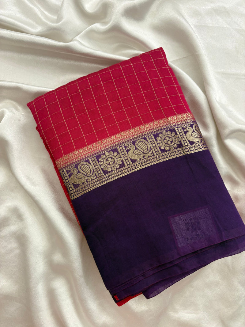 Pink x Purple Chex Pattern Assam Silk Saree with Purple Chex Blouse SALE