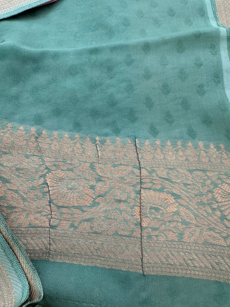Light Blue with Pista Green Shade Georgette Designer Saree with Small Gold Butta JU24