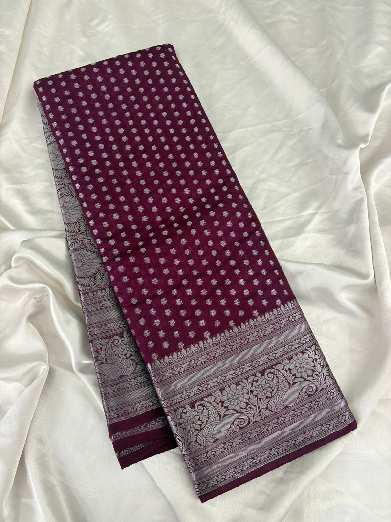 SAMITA - Wine Silver Butta Soft Silk Designer Saree