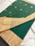 Bottle Green x Cream Semi Silk Saree with Chex Pattern and Leaf Butta