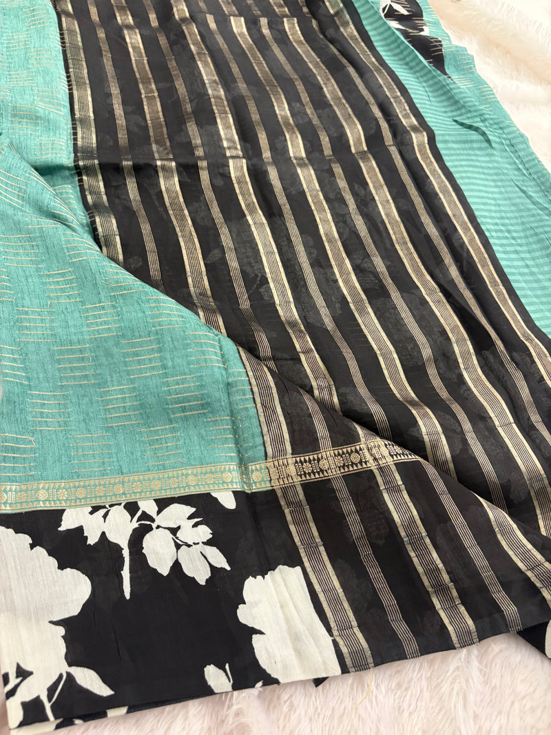 Pista Green x Black Assam Silk Saree with Floral Border and Striped Pallu SALE