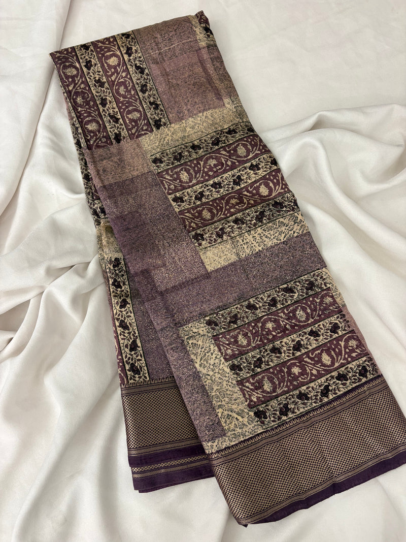 Abstract Square Box Print Chander Mul Saree - Beige Purple JU25