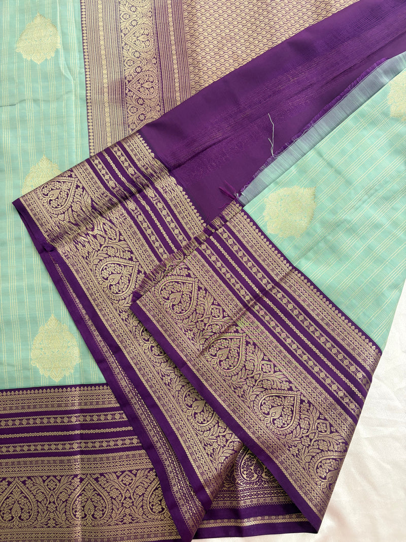 Pastel Blue x Purple Semi Silk Saree with Chex Pattern and Leaf Butta