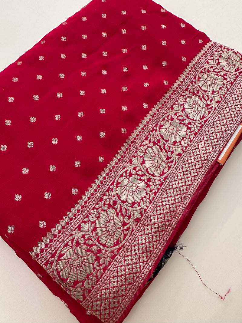 Rani Pink Chinon Georgette Saree with Silver Butti and Grand Leaf Pallu JU24