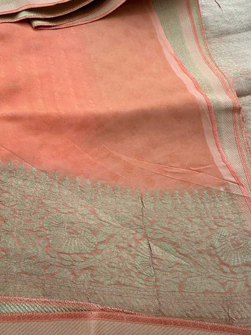 Baby Pink with Orange Shade Georgette Designer Saree with Small Gold Butta JU24