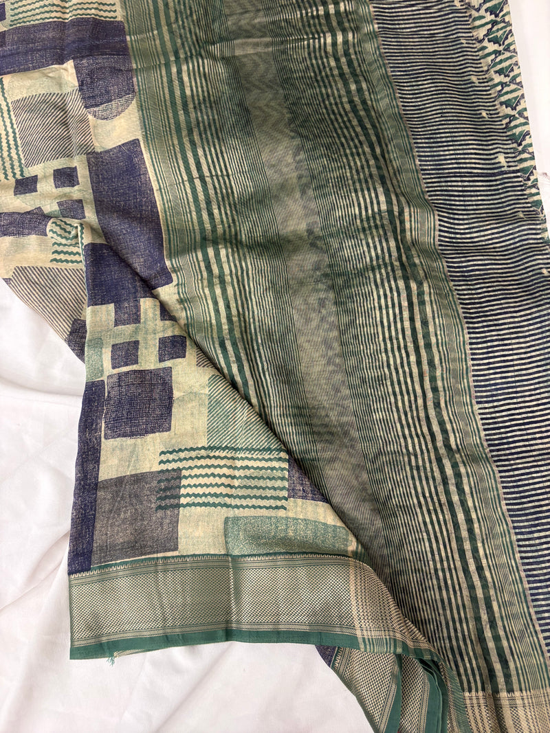 Abstract Square Box Print Chander Mul Saree - Beige Green JU25