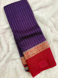 Purple x Pink Chex Pattern Assam Silk Saree with Pink Chex Blouse SALE