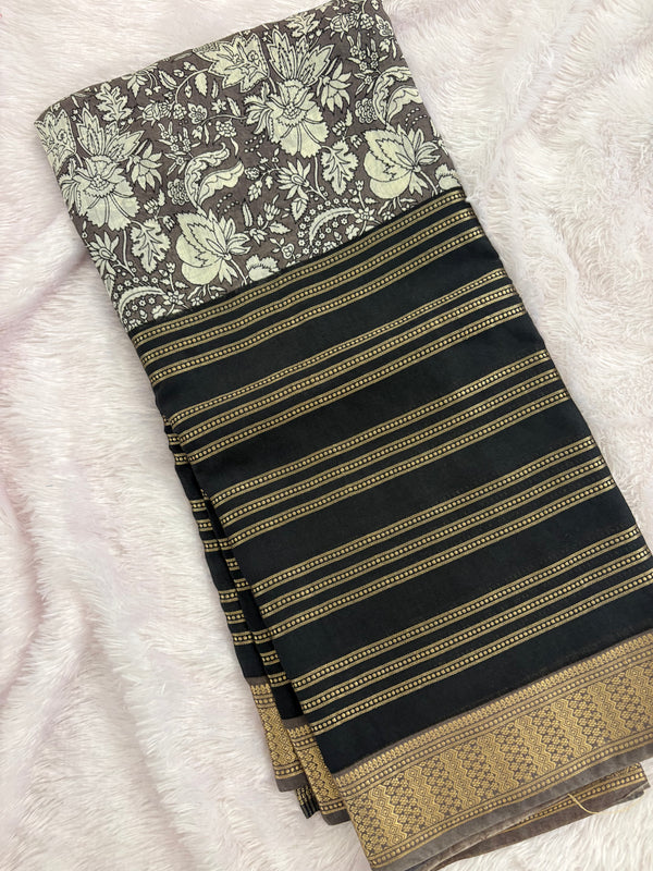 Black into Grey Floral Print Viscose Silk Saree SALE