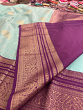 Sapphire Blue x Purple Semi Silk Saree with Chex Pattern and Leaf Butta