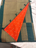 Bottle Green x Orange Soft Cotton Designer Saree with Box Pattern and Zari