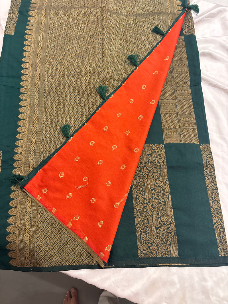 Bottle Green x Orange Soft Cotton Designer Saree with Box Pattern and Zari