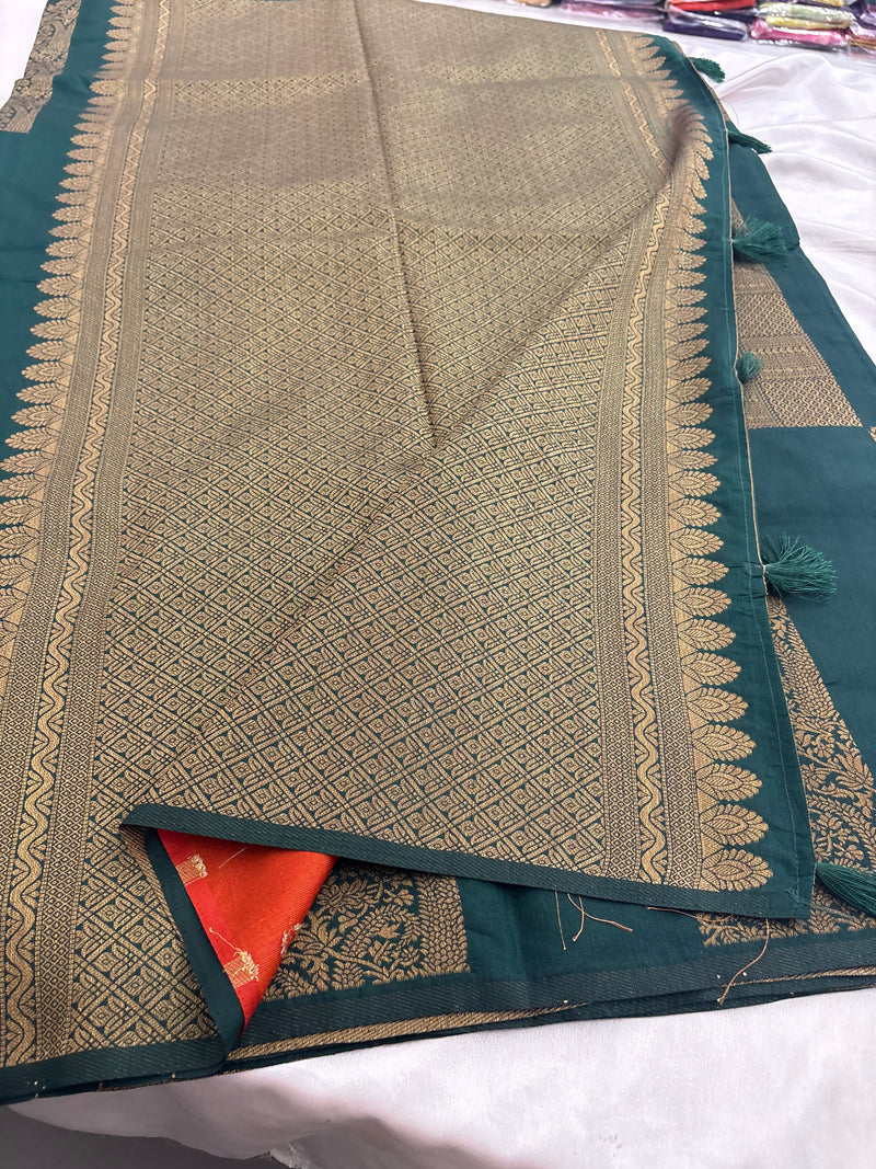 Bottle Green x Orange Soft Cotton Designer Saree with Box Pattern and Zari