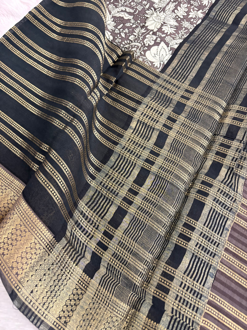 Black into Grey Floral Print Viscose Silk Saree SALE