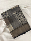 Abstract Square Box Print Chander Mul Saree - Black Brown JU25