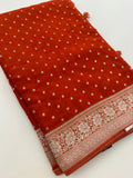 Rust Orange Chinon Georgette Saree with Silver Butti and Grand Leaf Pallu JU24