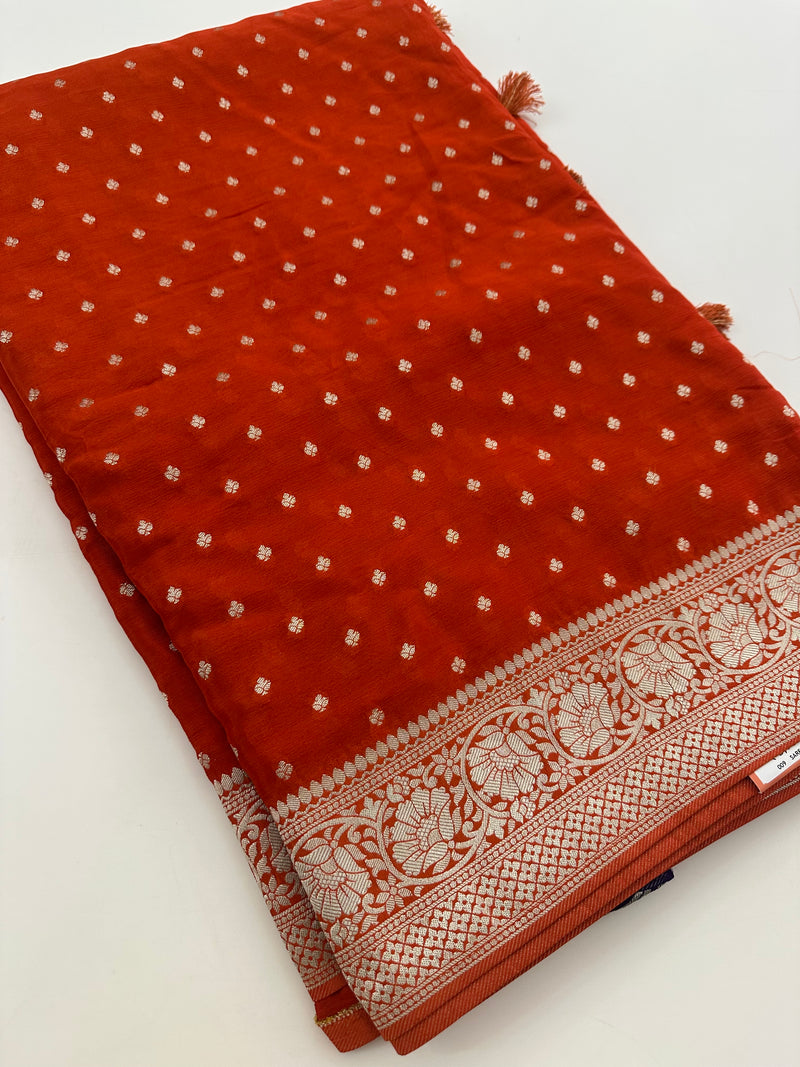 Rust Orange Chinon Georgette Saree with Silver Butti and Grand Leaf Pallu JU24