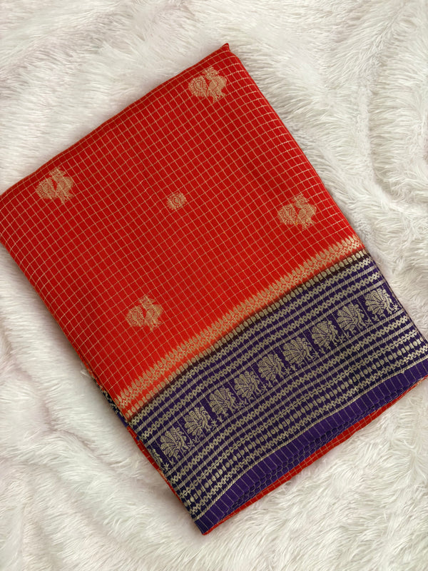 Orange into Purple Viscose Checks Saree with Peacock Butta SALE