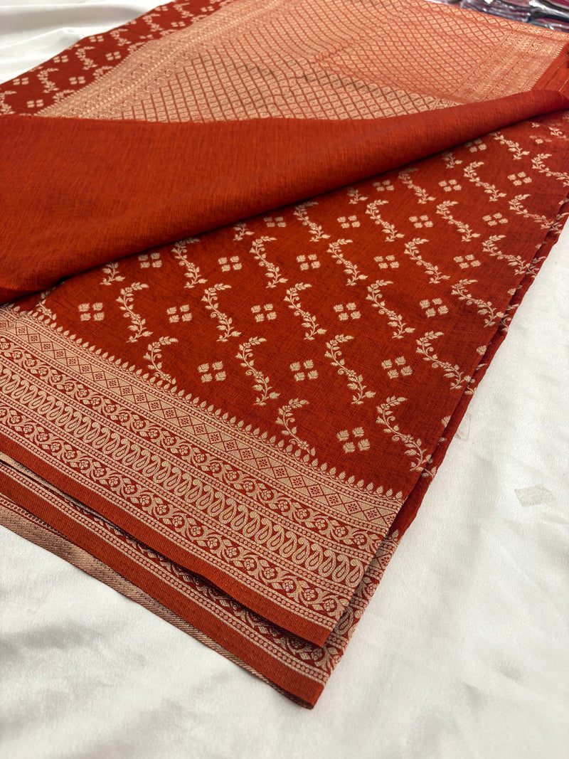 Rust Heritage Linen Designer Saree with Butta Design
