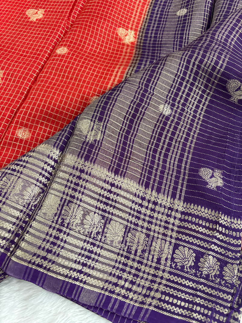 Orange into Purple Viscose Checks Saree with Peacock Butta SALE