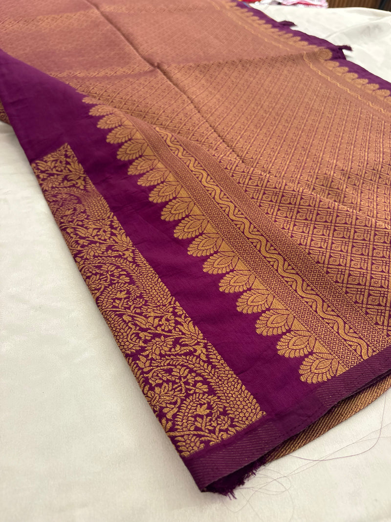 Purple x Rama Blue Soft Cotton Designer Saree with Box Pattern and Zari