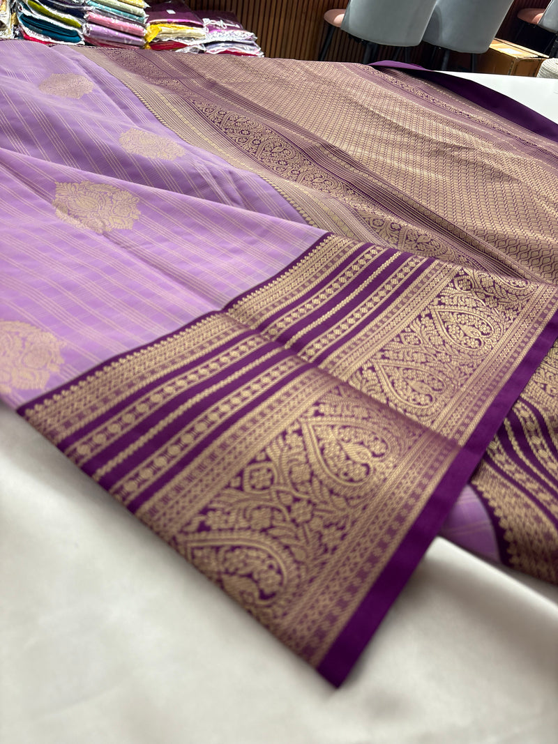 Pink x Purple Semi Silk Saree with Chex Pattern and Leaf Butta