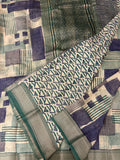 Abstract Square Box Print Chander Mul Saree - Beige Green JU25