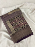 Abstract Square Box Print Chander Mul Saree - Beige Purple JU25