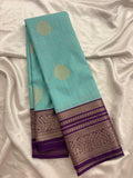 Sapphire Blue x Purple Semi Silk Saree with Chex Pattern and Leaf Butta