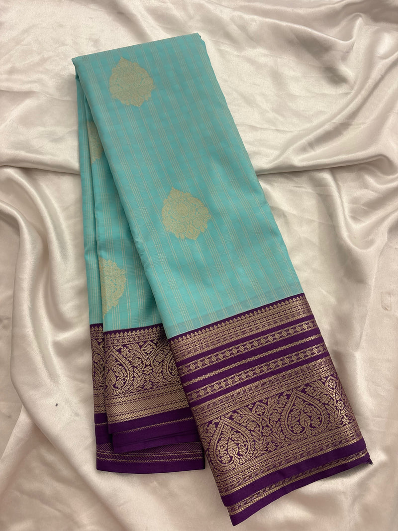 Sapphire Blue x Purple Semi Silk Saree with Chex Pattern and Leaf Butta
