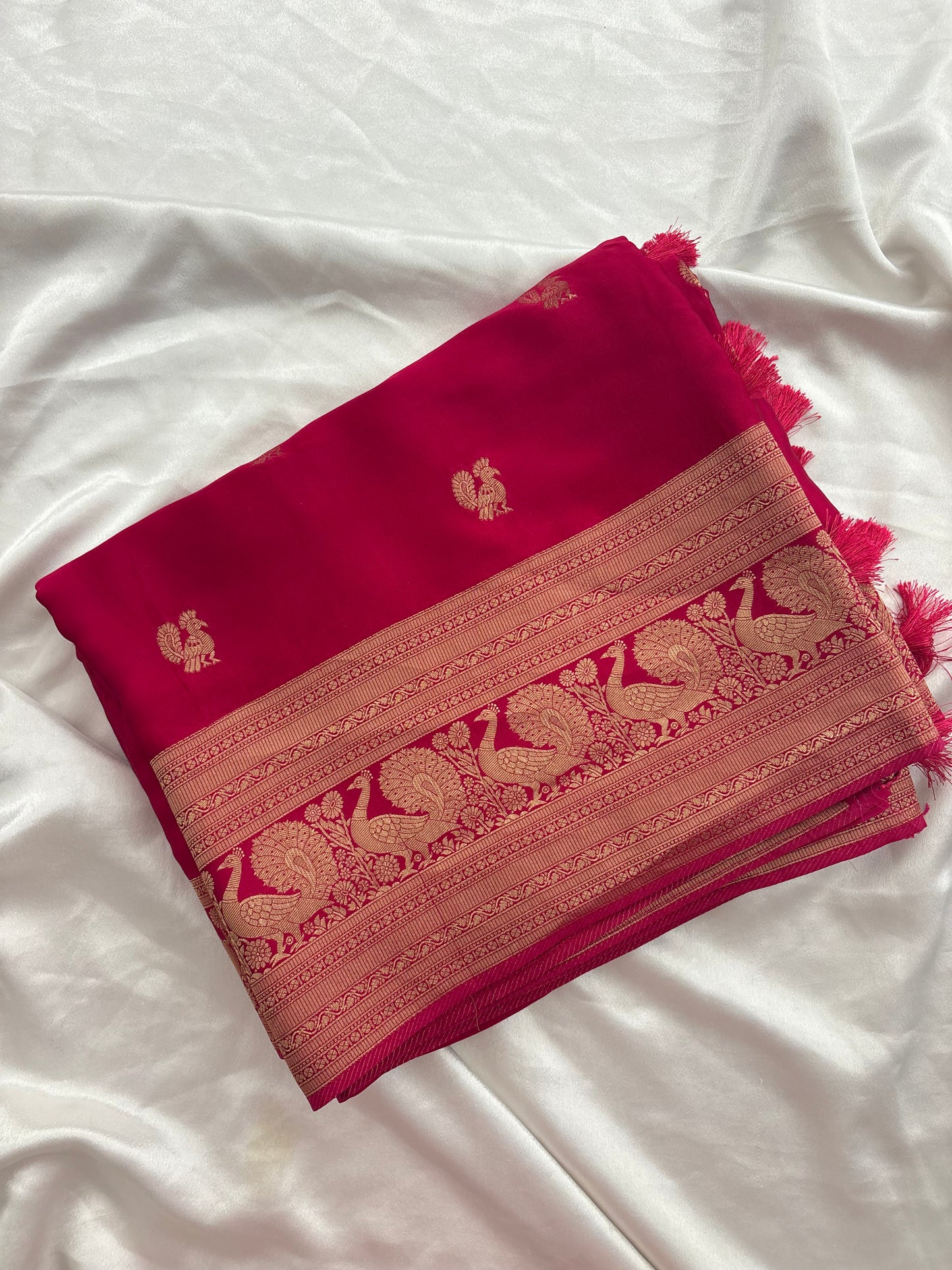 Rani Pink Satin Silk Saree with Peacock Butta AU3
