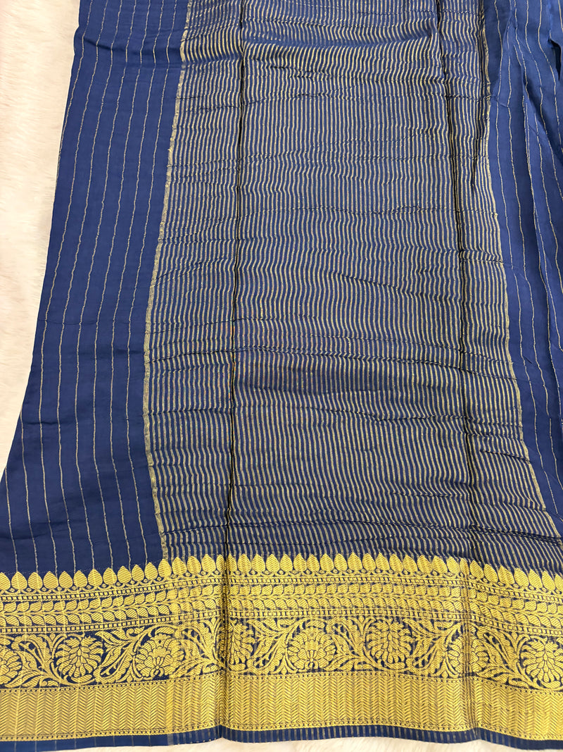 Navy Blue Stripes Viscose Saree with Matching Work Blouse SALE