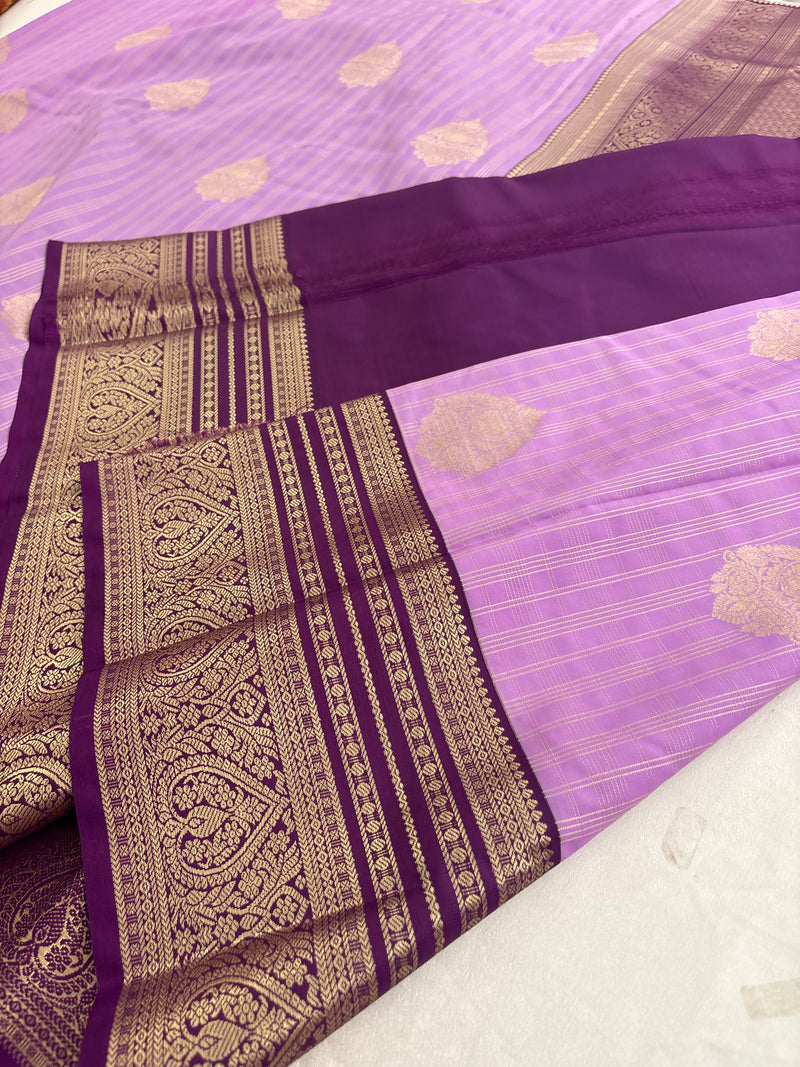 Pink x Purple Semi Silk Saree with Chex Pattern and Leaf Butta