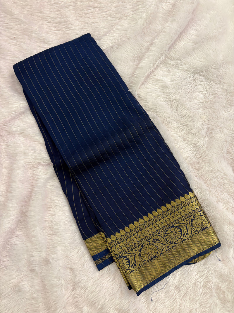 Navy Blue Stripes Viscose Saree with Matching Work Blouse SALE