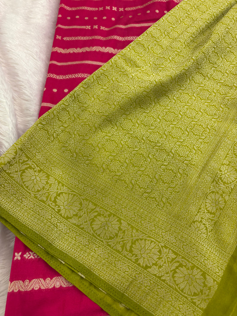 Pink x Green Viscose Silk Saree with Lines and Butta Pattern SALE