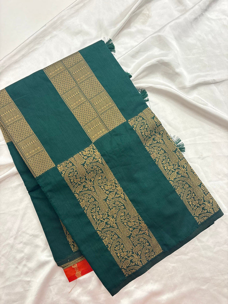 Bottle Green x Orange Soft Cotton Designer Saree with Box Pattern and Zari