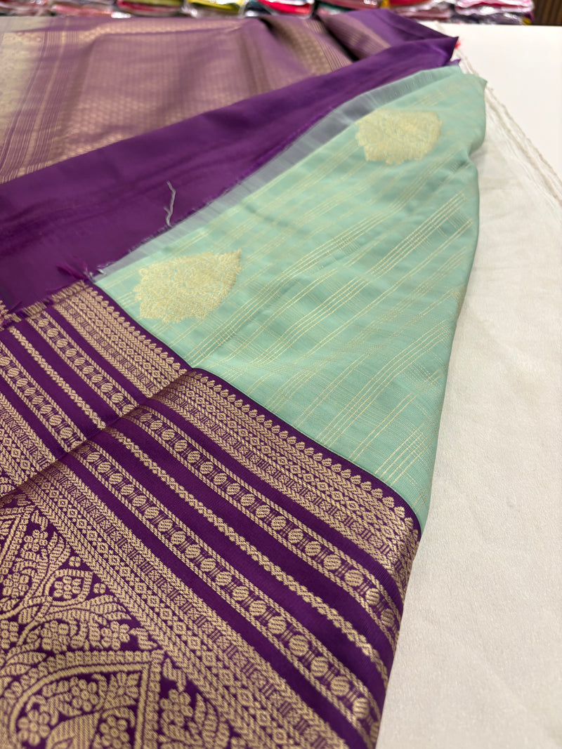 Pastel Blue x Purple Semi Silk Saree with Chex Pattern and Leaf Butta