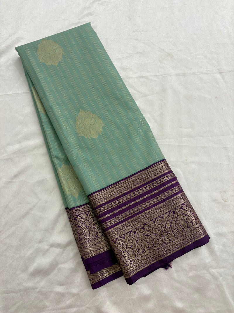 Pastel Blue x Purple Semi Silk Saree with Chex Pattern and Leaf Butta