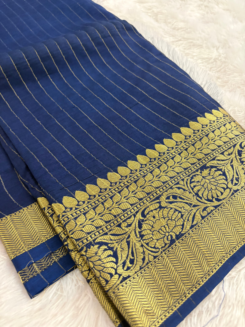 Navy Blue Stripes Viscose Saree with Matching Work Blouse SALE