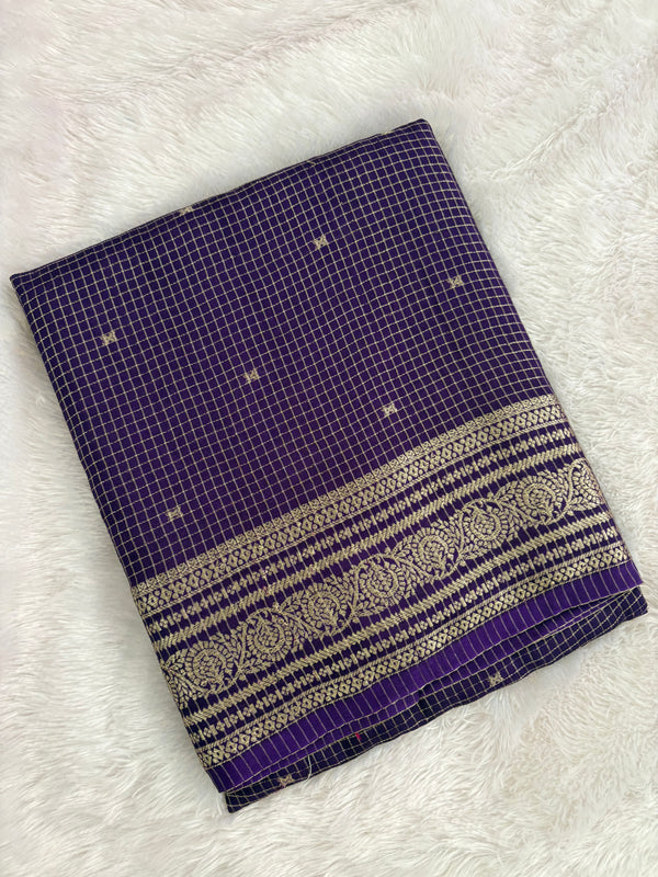 Purple Checks Saree with Golden Stripe Pallu and Contrast Pink Blouse SALE