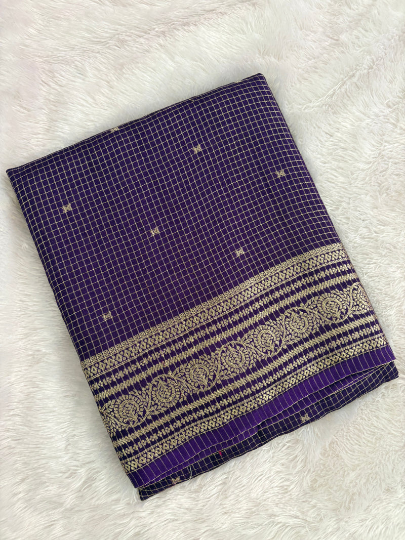 Purple Checks Saree with Golden Stripe Pallu and Contrast Pink Blouse SALE
