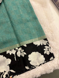 Pista Green x Black Assam Silk Saree with Floral Border and Striped Pallu SALE