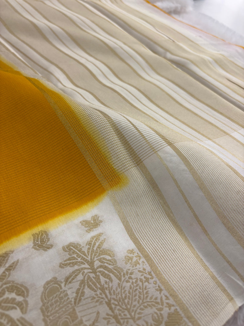 Yellow x Cream Viscose Silk Saree with Kalamkari Border and Stripe Butta Design SALE