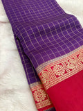 Purple x Pink Chex Pattern Assam Silk Saree with Pink Chex Blouse SALE