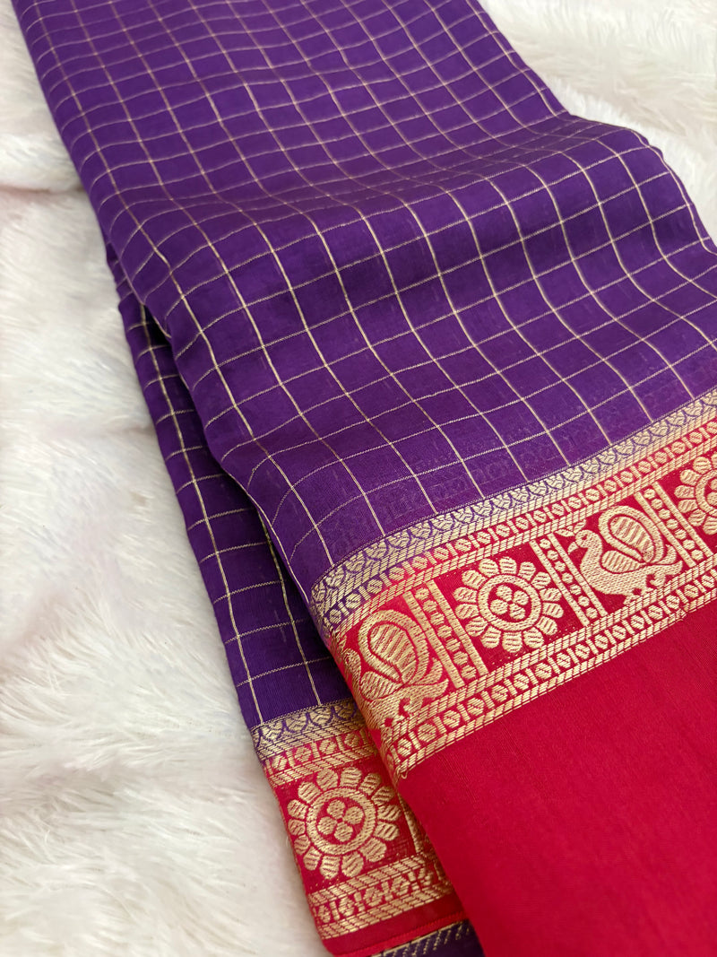Purple x Pink Chex Pattern Assam Silk Saree with Pink Chex Blouse SALE