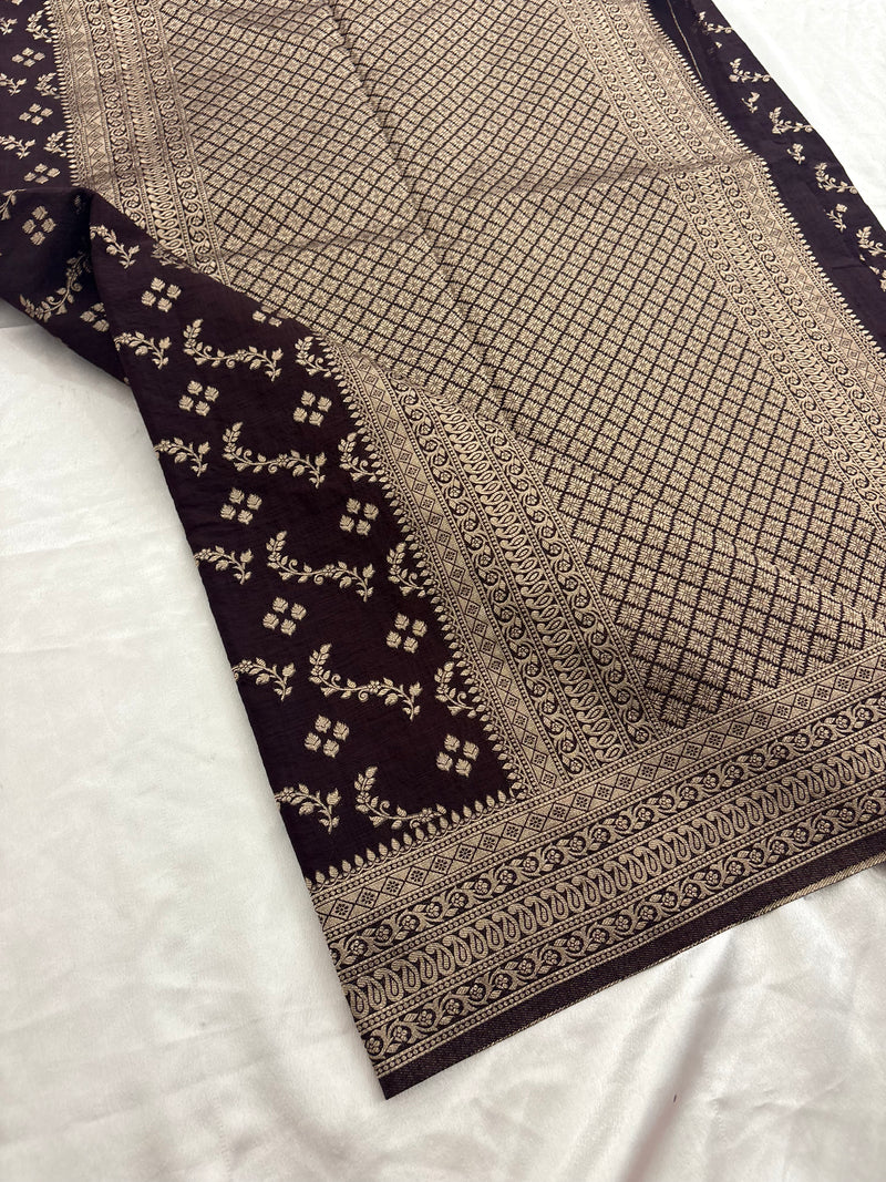 Dark Brown Heritage Linen Designer Saree with Butta Design