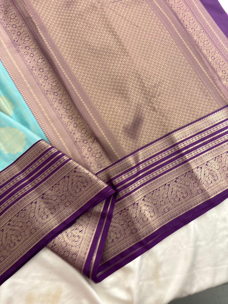 Sapphire Blue x Purple Semi Silk Saree with Chex Pattern and Leaf Butta