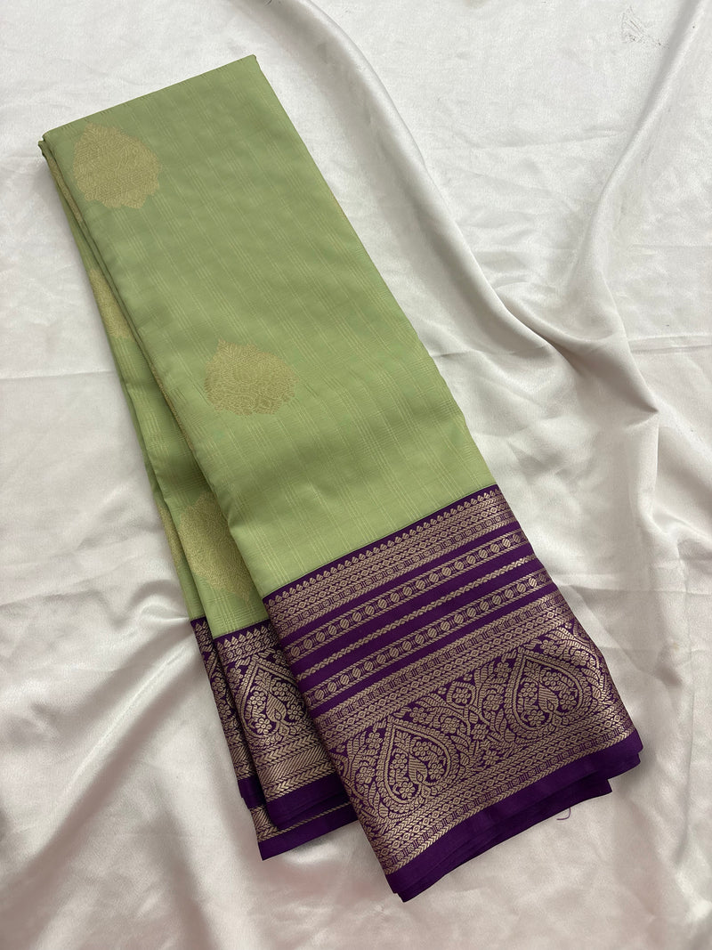 Pista Green x Purple Semi Silk Saree with Chex Pattern and Leaf Butta